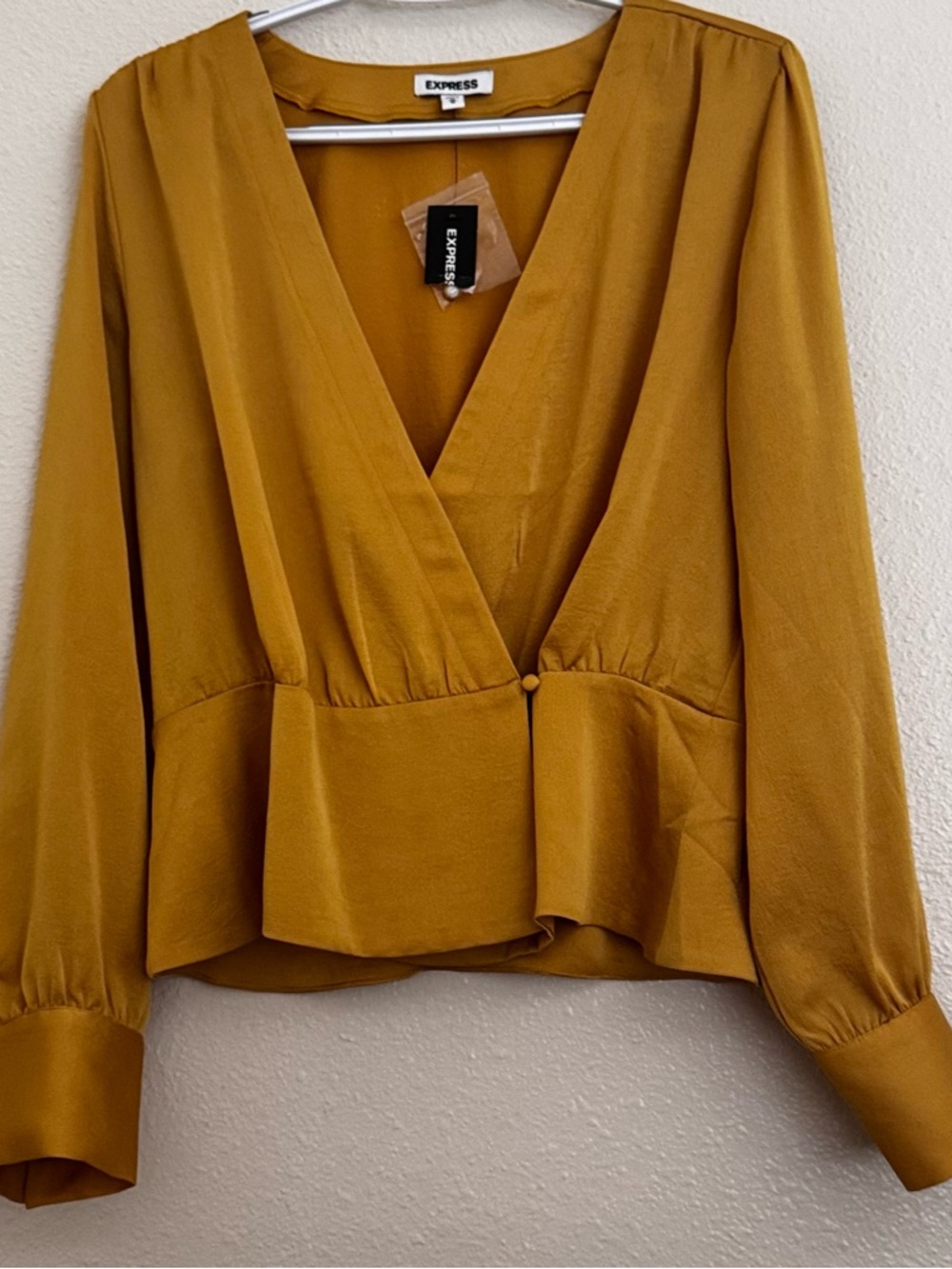 New Express Women's Mustard Wrap Peplum Blouse